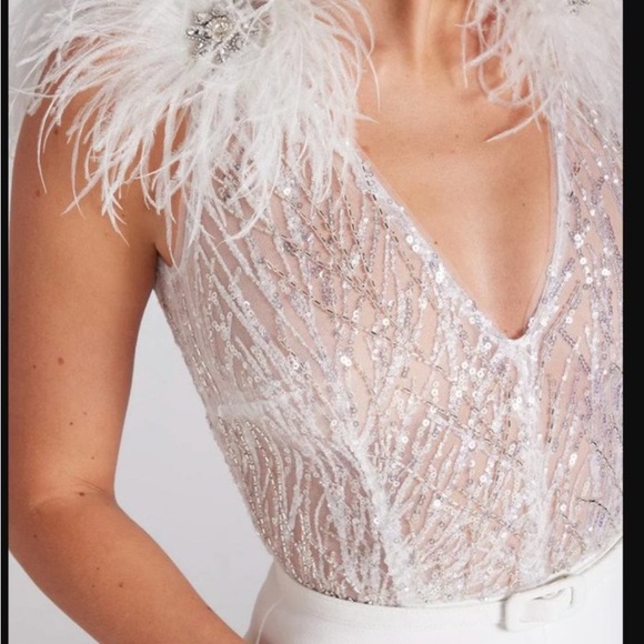 NADINE MERABI ELISSA White Feathered Jumpsuit S/M - Picture 4 of 16